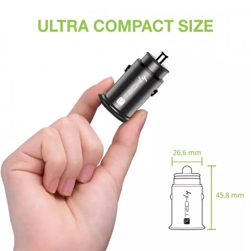 Techly Mini automobilinis įkroviklis USB-A ir USB-C Quick Charge 3.0 38W juodas metalinis