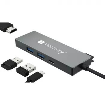 Techly IUSB32C-HUB4HPD nešiojamojo kompiuterio stotelė / prievadų replikatorius, laidinis, USB 3.2 Gen 2 (3.1 Gen 2) Type-C, pilka
