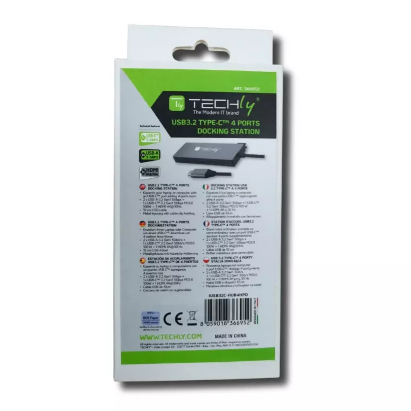 Techly IUSB32C-HUB4HPD nešiojamojo kompiuterio stotelė / prievadų replikatorius, laidinis, USB 3.2 Gen 2 (3.1 Gen 2) Type-C, pilka