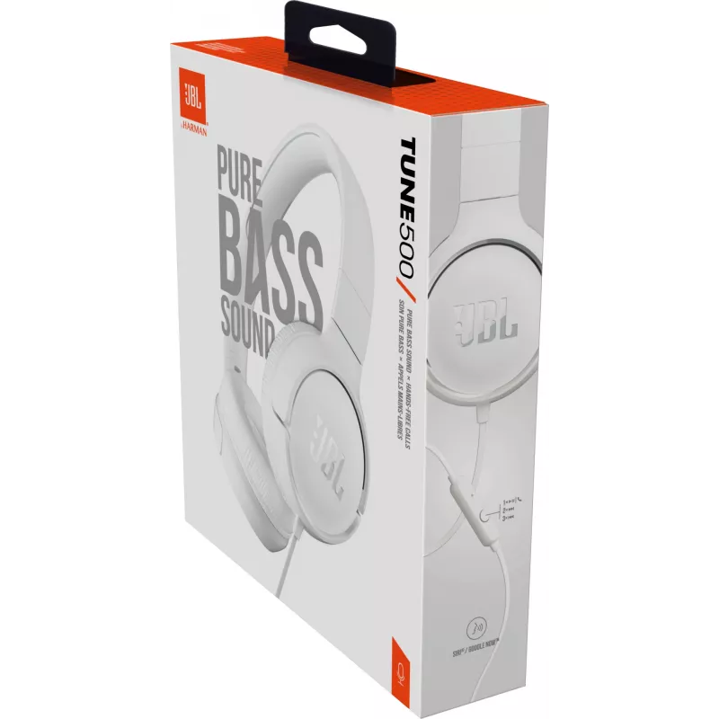 Ausinės JBL Tune 500 BALTA, laidinės, 20-20000 Hz, Muzika, 148 g