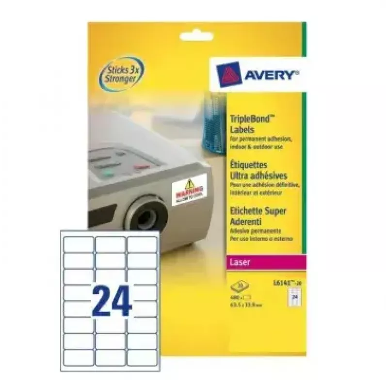 Lipnūs etikečių lapai Avery L6141-20 (480 vnt., 6,35 × 3,39 cm)