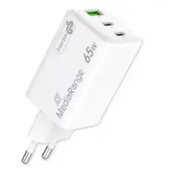 Mobiliojo įrenginio įkroviklis MediaRange MRMA116-2 — 65 W greitasis įkroviklis su 2× USB-C, baltas