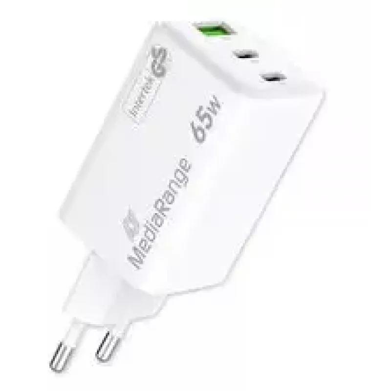 MediaRange MRMA116-2 GaN įkroviklis į rozetę, 65 W, 3 lizdai (1x USB-A, 2x USB-C), baltas