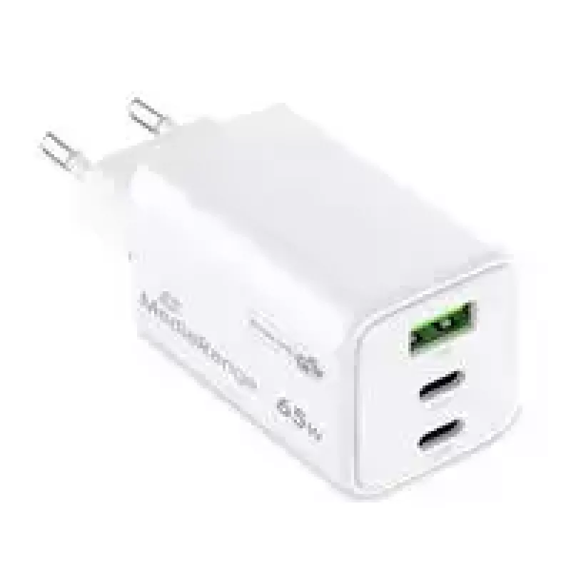 MediaRange MRMA116-2 GaN įkroviklis į rozetę, 65 W, 3 lizdai (1x USB-A, 2x USB-C), baltas