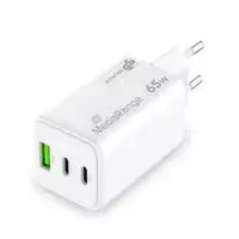 MediaRange MRMA116-2 GaN įkroviklis į rozetę, 65 W, 3 lizdai (1x USB-A, 2x USB-C), baltas