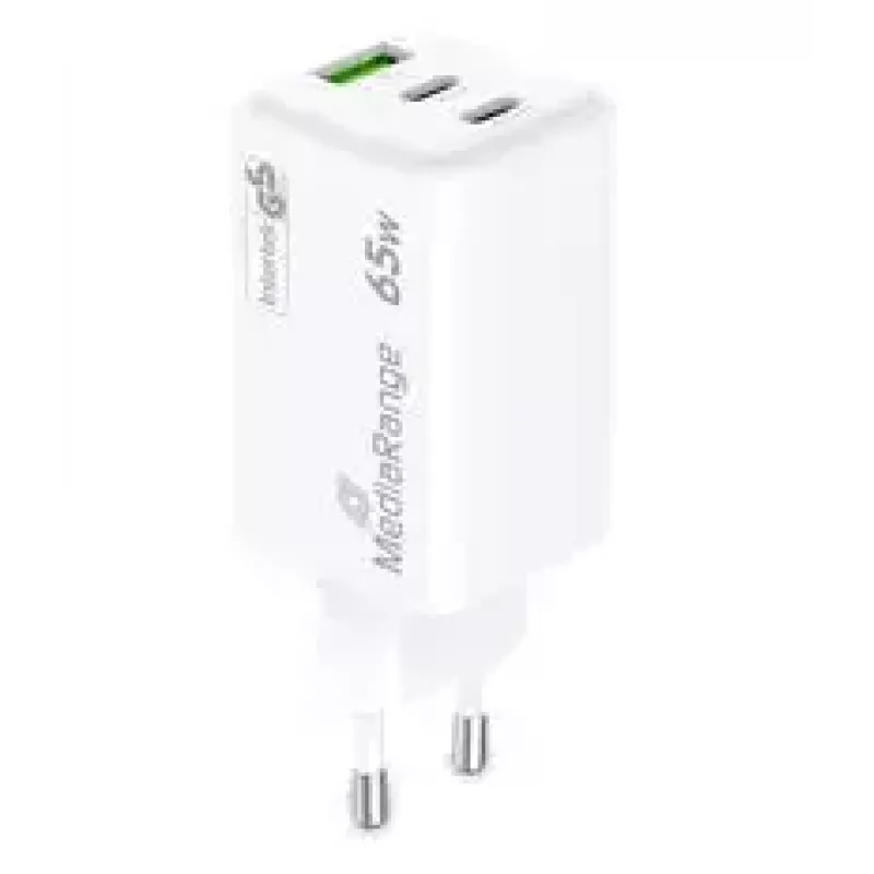 MediaRange MRMA116-2 GaN įkroviklis į rozetę, 65 W, 3 lizdai (1x USB-A, 2x USB-C), baltas
