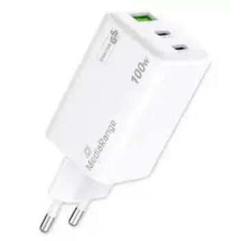 Įkroviklis mobiliesiems įrenginiams MediaRange MRMA123 — Vidinis AC greitasis įkroviklis nešiojamam kompiuteriui, išmaniajam telefonui, planšetei, 100–240V, 2× USB-C, 20V maks., baltas