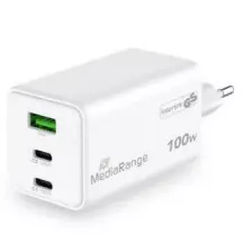 Įkroviklis mobiliesiems įrenginiams MediaRange MRMA123 — Vidinis AC greitasis įkroviklis nešiojamam kompiuteriui, išmaniajam telefonui, planšetei, 100–240V, 2× USB-C, 20V maks., baltas