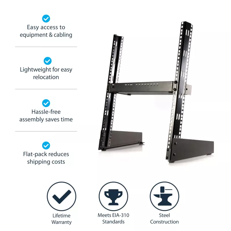 StarTech.com 2 stulpelių 12U darbalaukio serverio stovas, mažas atviras 19 colių kompiuterių stovas, kompaktiškas tinklo stovas AV / studijos / duomenų / IT įrangai - laisvai pastatomas dviejų stulpelių namų / biuro stovas