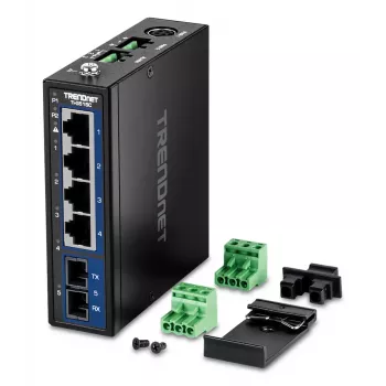 Nevaldomas Gigabit Ethernet jungiklis TRENDnet TI-G51SC, 4x RJ-45 10/100/1000, 10 Gbit/s pralaidumas, 2000 MAC, 9–60 V, montuojamas ant sienos
