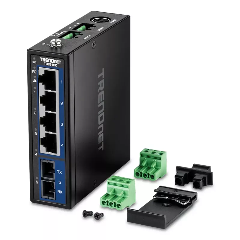 Nevaldomas Gigabit Ethernet jungiklis TRENDnet TI-G51SC, 4x RJ-45 10/100/1000, 10 Gbit/s pralaidumas, 2000 MAC, 9–60 V, montuojamas ant sienos