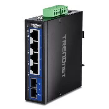 Nevaldomas Gigabit Ethernet jungiklis TRENDnet TI-G51SC, 4x RJ-45 10/100/1000, 10 Gbit/s pralaidumas, 2000 MAC, 9–60 V, montuojamas ant sienos