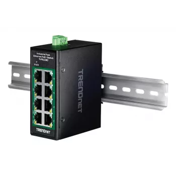 Nevaldomas Fast Ethernet PoE+ jungiklis TRENDnet TI-PELC80 — 8x 10/100 Mbps RJ-45, IEEE 802.3af/at, 48–56 V DC, montuojamas ant sienos