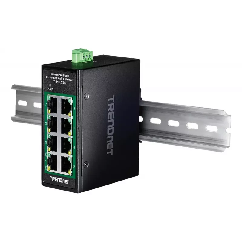 Nevaldomas Fast Ethernet PoE+ jungiklis TRENDnet TI-PELC80 — 8x 10/100 Mbps RJ-45, IEEE 802.3af/at, 48–56 V DC, montuojamas ant sienos