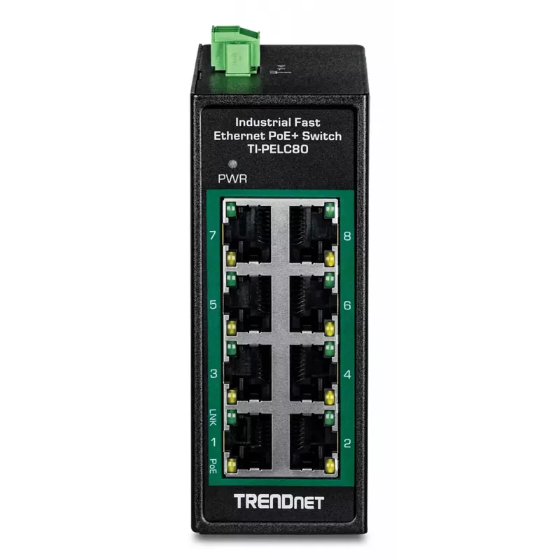 Nevaldomas Fast Ethernet PoE+ jungiklis TRENDnet TI-PELC80 — 8x 10/100 Mbps RJ-45, IEEE 802.3af/at, 48–56 V DC, montuojamas ant sienos