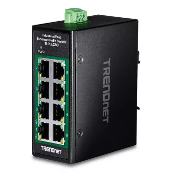 Nevaldomas Fast Ethernet PoE+ jungiklis TRENDnet TI-PELC80 — 8x 10/100 Mbps RJ-45, IEEE 802.3af/at, 48–56 V DC, montuojamas ant sienos