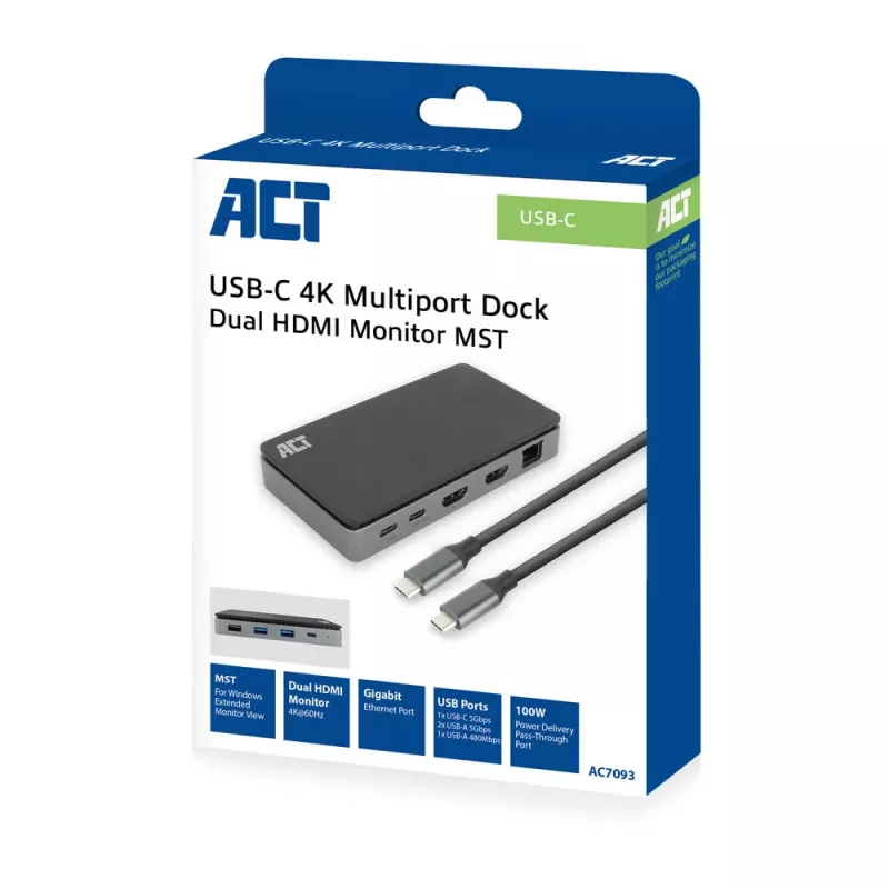 ACT USB-C 4K MST dokų stotelė 2 HDMI monitoriams, Ethernet, USB-C, 3x USB-A, PD įkrovimo perdavimas ir 1 m atjungiamas kabelis