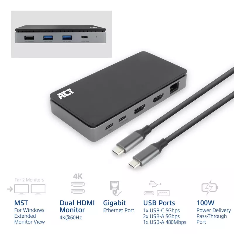 ACT USB-C 4K MST dokų stotelė 2 HDMI monitoriams, Ethernet, USB-C, 3x USB-A, PD įkrovimo perdavimas ir 1 m atjungiamas kabelis