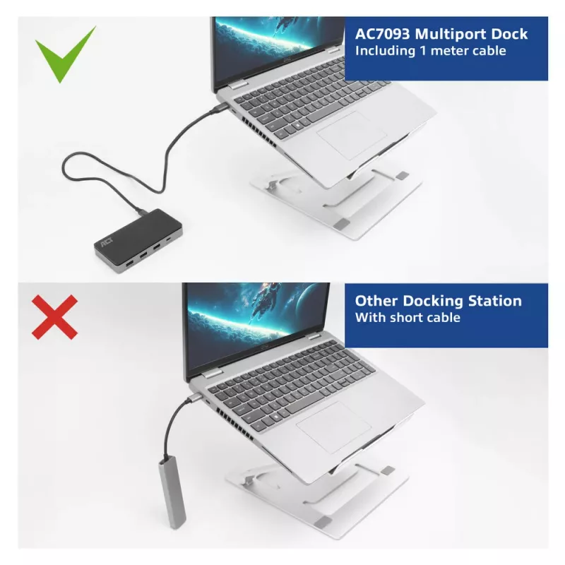 ACT USB-C 4K MST dokų stotelė 2 HDMI monitoriams, Ethernet, USB-C, 3x USB-A, PD įkrovimo perdavimas ir 1 m atjungiamas kabelis