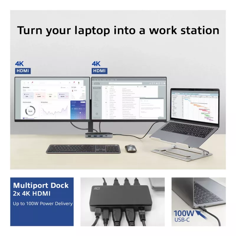 ACT USB-C 4K MST dokų stotelė 2 HDMI monitoriams, Ethernet, USB-C, 3x USB-A, PD įkrovimo perdavimas ir 1 m atjungiamas kabelis