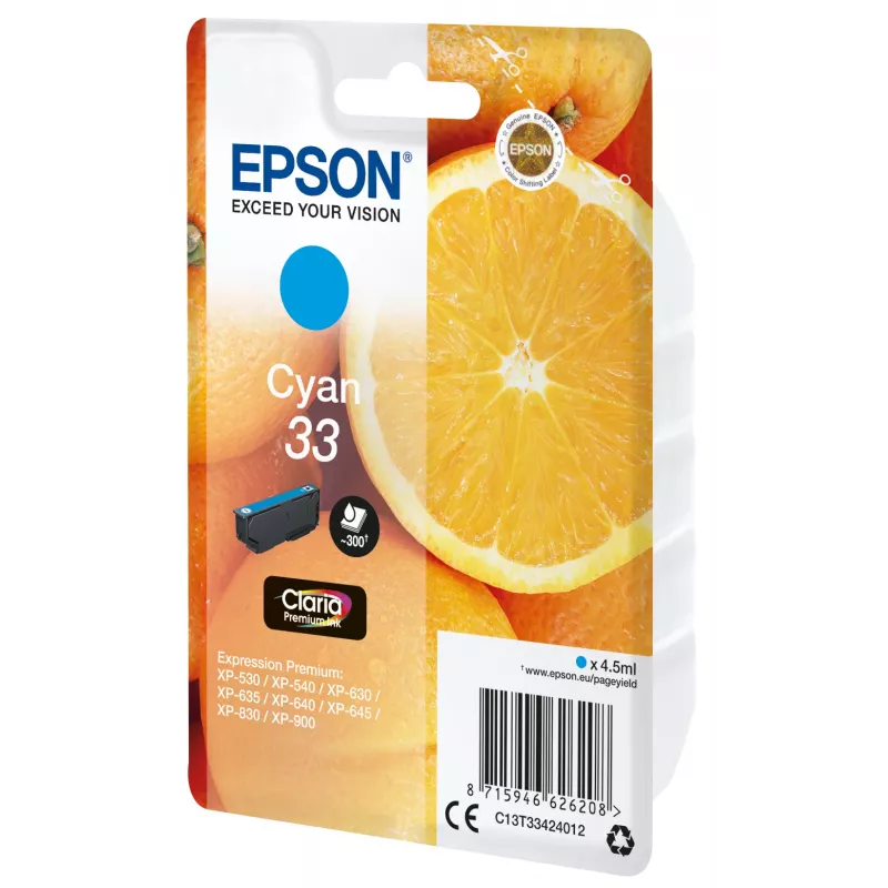 Epson Oranges Singlepack Cyan 33 Claria Premium rašalas, žydra, 4.5 ml, 1 vnt., 300 puslapių