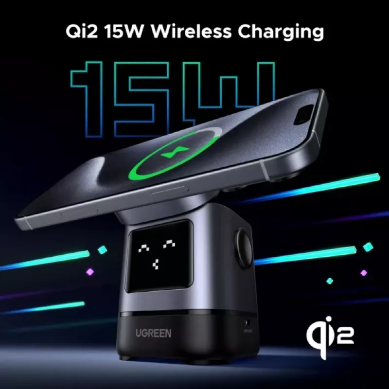 UGREEN W709 2-in-1 UNO Series Qi2 belaidis magnetinis greitasis įkroviklis 15W (juodai pilkas)