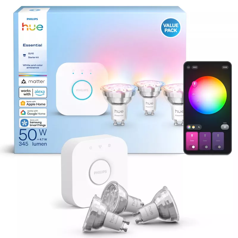 “Philips Hue White and colour ambience Essential” pradinis rinkinys: 3 GU10 protingos lemputės (345 lm)