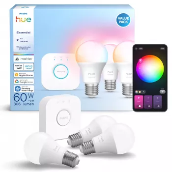 Philips Hue White and colour ambience Essential išmanusis apšvietimo rinkinys — 3× E27 išmaniosios lemputės, 806 lm, 8 W, Bluetooth/Zigbee