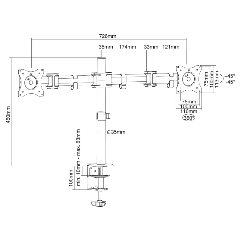 InLine stalinis laikiklis dviems monitoriams, iki 68 cm (27 colių), 2x8 kg