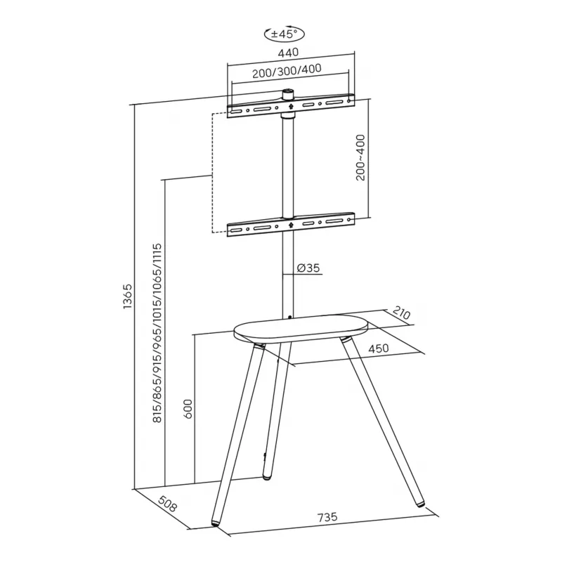 TV stovas InLine 23133W 43–65 colių ekranams su lentyna, laisvai pastatomas