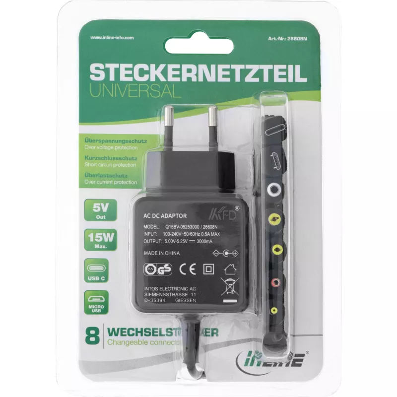 InLine Universalus maitinimo šaltinis, 5V / 15W, su 8 keičiamais kištukais, Micro-USB, USB-C
