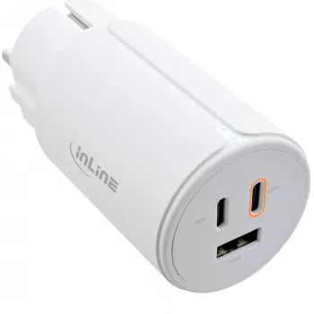 InLine USB PD maitinimo blokas, GaN įkroviklis, 3 prievadai, Dual USB-C + USB-A, 65W, baltas