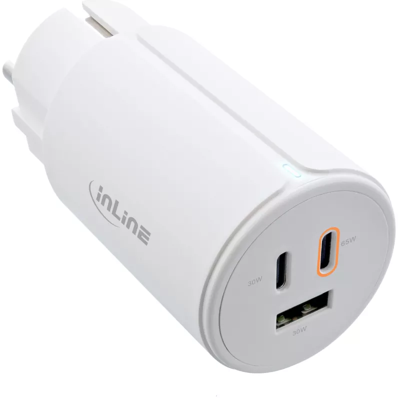 InLine USB PD maitinimo blokas, GaN įkroviklis, 3 prievadai, Dual USB-C + USB-A, 65W, baltas