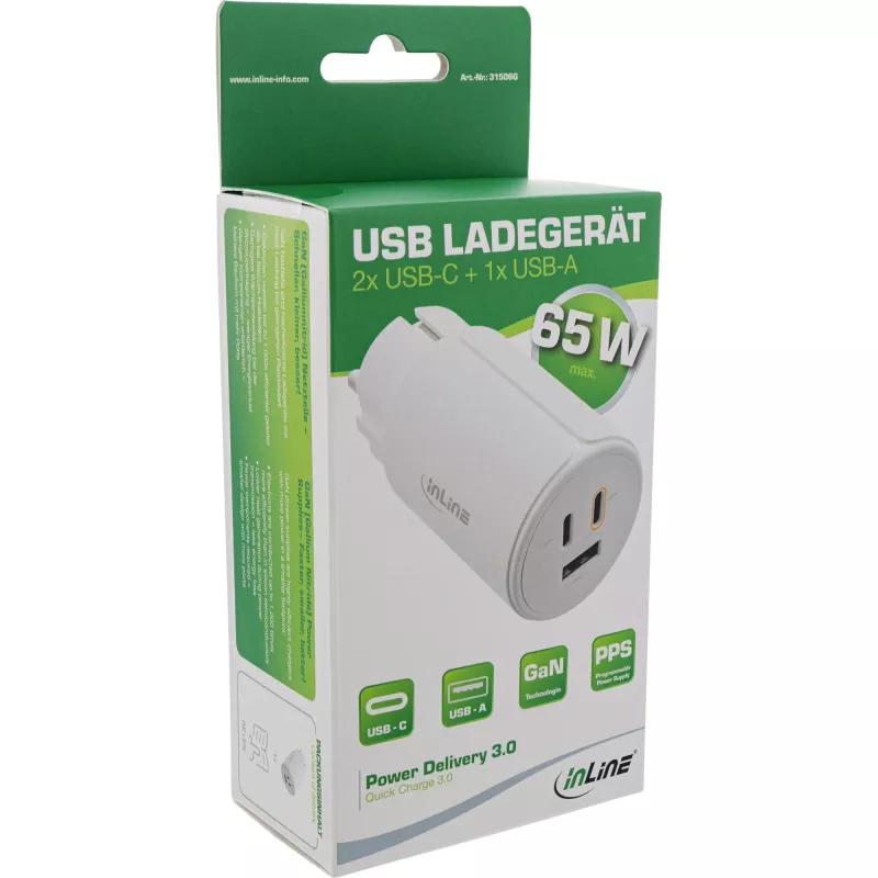 InLine USB PD maitinimo blokas, GaN įkroviklis, 3 prievadai, Dual USB-C + USB-A, 65W, baltas