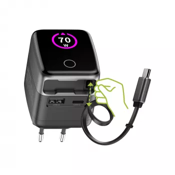 InLine USB maitinimo šaltinis, 70W, GaN, USB-C PD + USB-A QC, kabelis 60cm, juodas