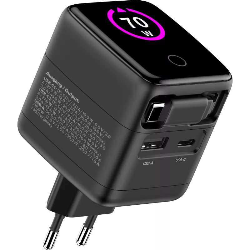 InLine USB maitinimo šaltinis, 70W, GaN, USB-C PD + USB-A QC, kabelis 60cm, juodas