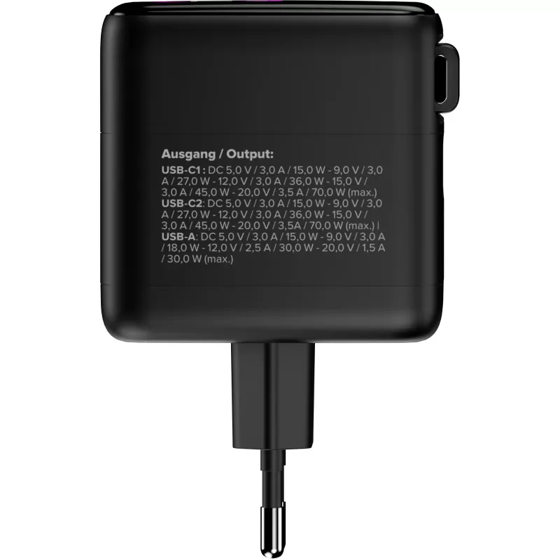 InLine USB maitinimo šaltinis, 70W, GaN, USB-C PD + USB-A QC, kabelis 60cm, juodas