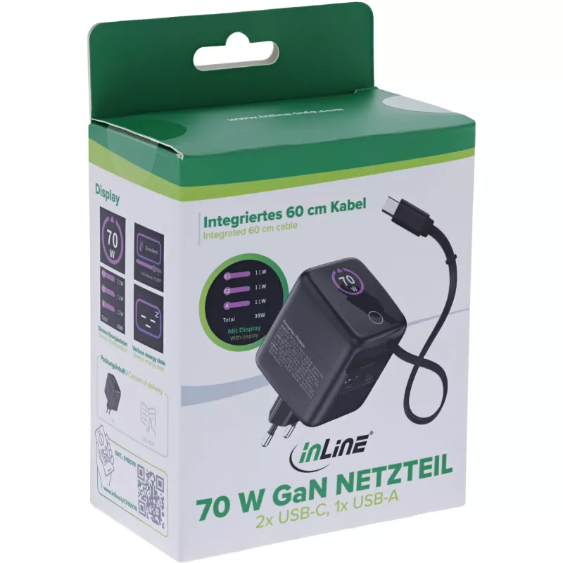 InLine USB maitinimo šaltinis, 70W, GaN, USB-C PD + USB-A QC, kabelis 60cm, juodas