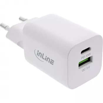 InLine USB maitinimo adapteris, įkroviklis USB-A + USB-C, 33W, PD + QC, baltas