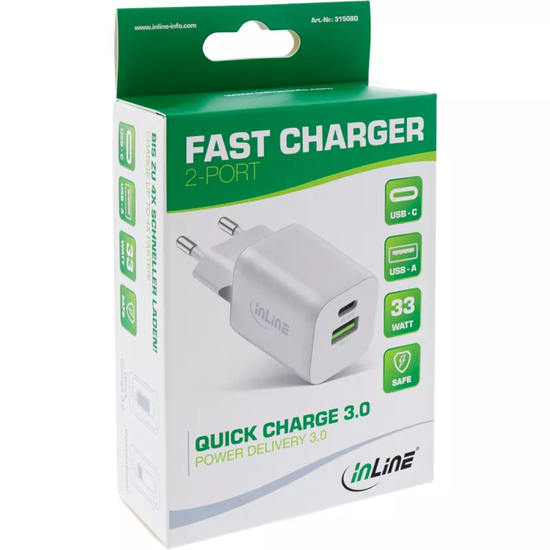 InLine USB maitinimo adapteris, įkroviklis USB-A + USB-C, 33W, PD + QC, baltas