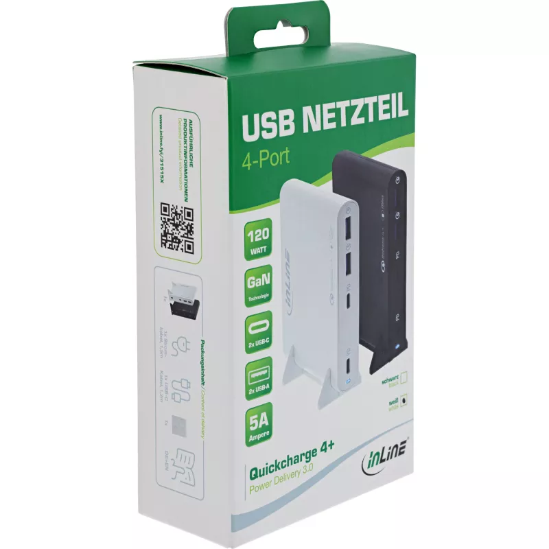 InLine USB maitinimo šaltinis, GaN įkroviklis, 4 prievadai, 2x USB-C + 2x USB-A, 120 W, baltas