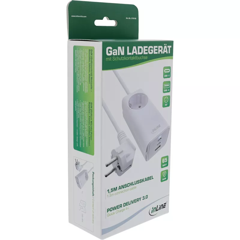 InLine USB maitinimo šaltinis, GaN įkroviklis, 2x USB-C, 1x USB-A, PD 3.0, apsauginis lizdas