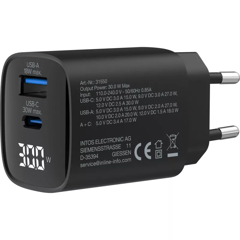 InLine USB PD maitinimo šaltinis, GaN įkroviklis, 2 prievadai, USB-C + USB-A, 30W, su ekranu
