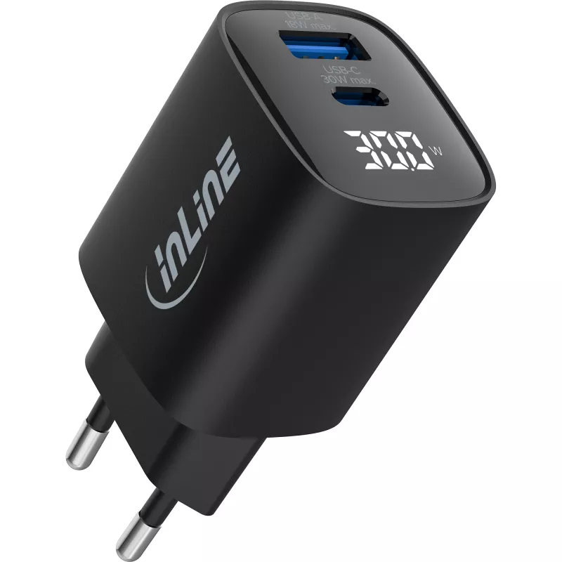 InLine USB PD maitinimo šaltinis, GaN įkroviklis, 2 prievadai, USB-C + USB-A, 30W, su ekranu