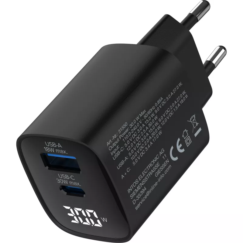 InLine USB PD maitinimo šaltinis, GaN įkroviklis, 2 prievadai, USB-C + USB-A, 30W, su ekranu