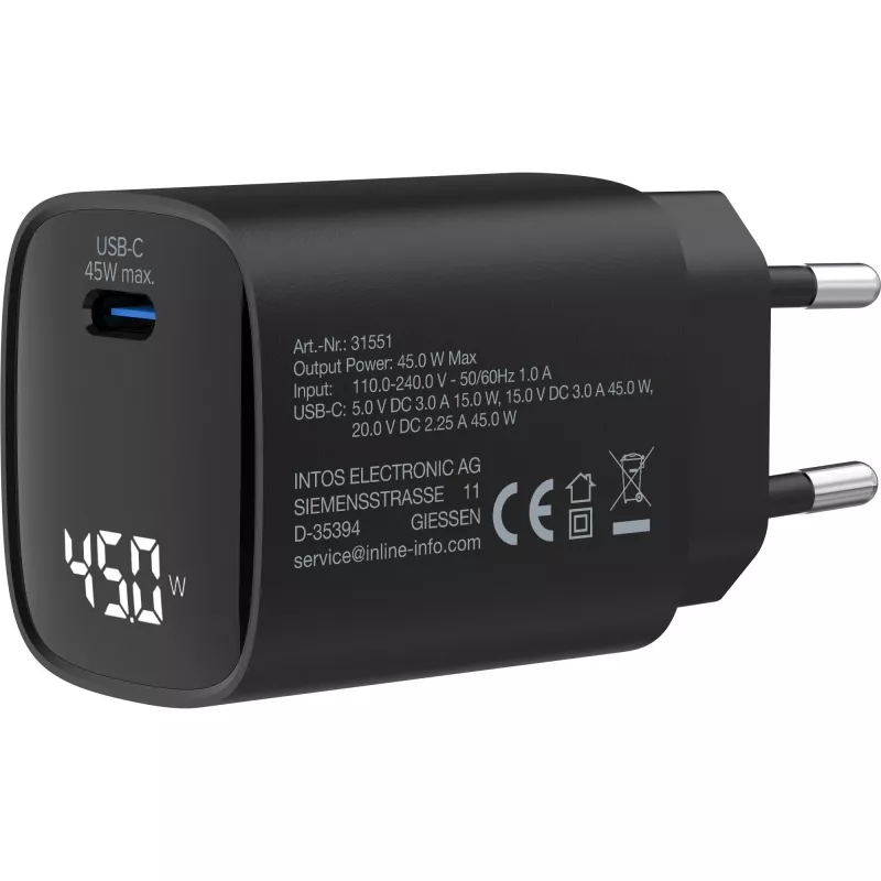 InLine USB PD maitinimo blokas, GaN įkroviklis, 1 prievadas, USB-C, 45W, su ekranu