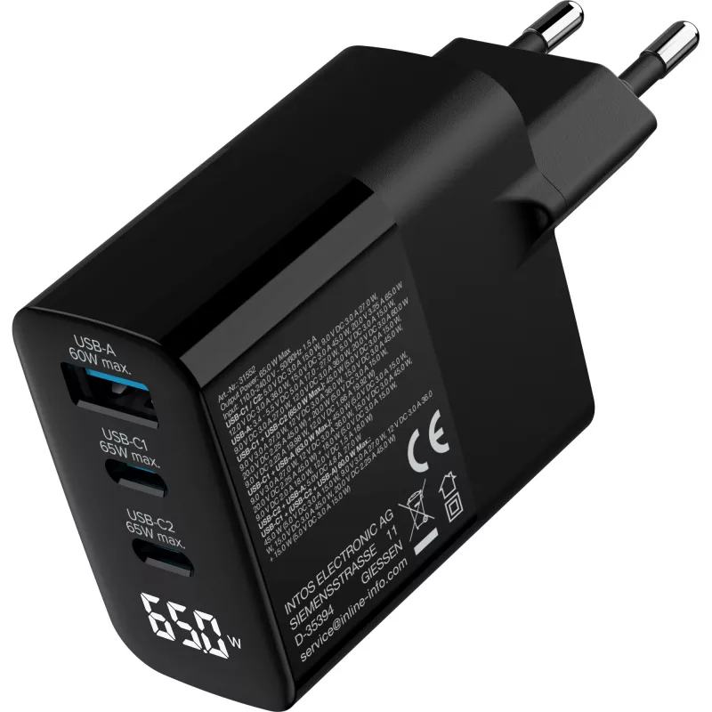 InLine USB PD maitinimo blokas, GaN įkroviklis, 3 prievadai, USB-C + USB-A, 65W, su ekranu