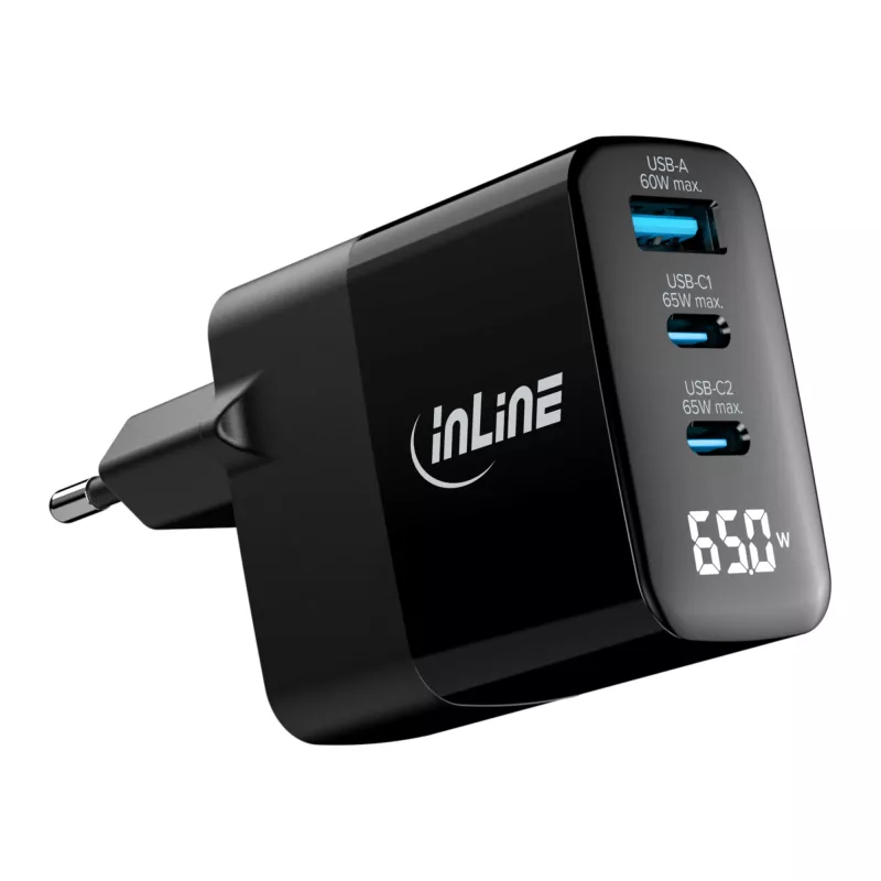 InLine USB PD maitinimo blokas, GaN įkroviklis, 3 prievadai, USB-C + USB-A, 65W, su ekranu