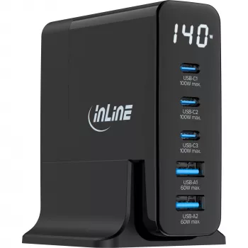 InLine USB PD maitinimo šaltinis, GaN įkroviklis, 5 prievadai, USB-C + USB-A, 140W, su ekranu