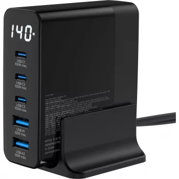 InLine USB PD maitinimo šaltinis, GaN įkroviklis, 5 prievadai, USB-C + USB-A, 140W, su ekranu